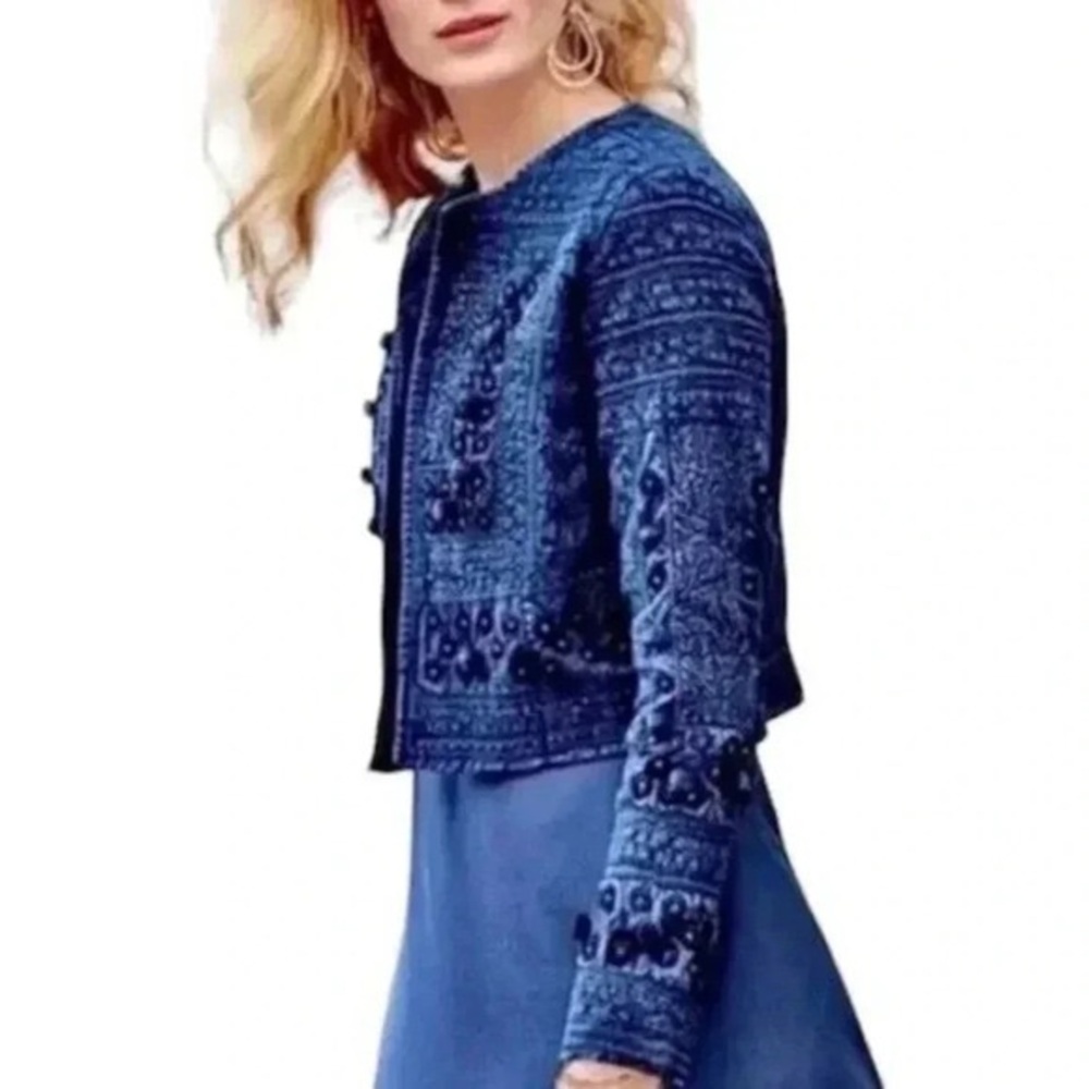 Soft  Surroundings denim pompom crop jacket